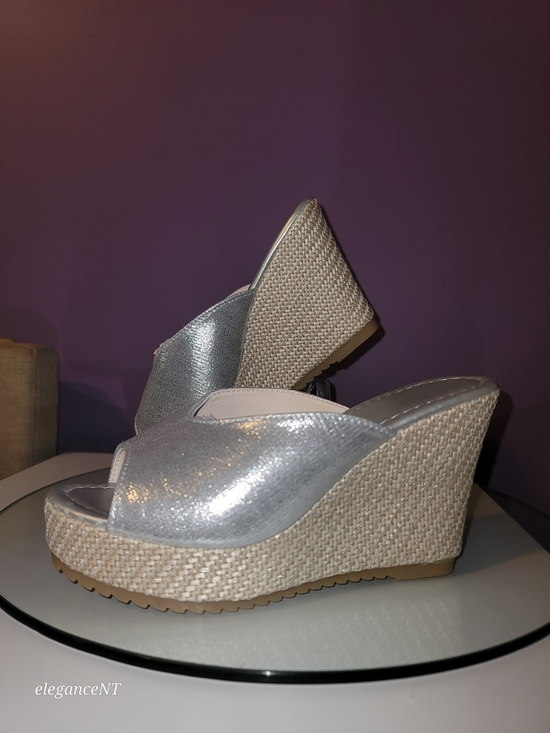 Shoes - Silver Wedge Slide Sandals  Metallic Espadrille Wedges Sz: 8.5 (39) NWOT